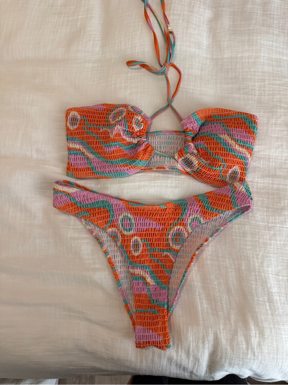 Colorful Smocked Bandeau Bikini Set - Orange, Pink & Teal